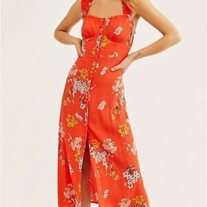 Floral Halter Neck Red Dress